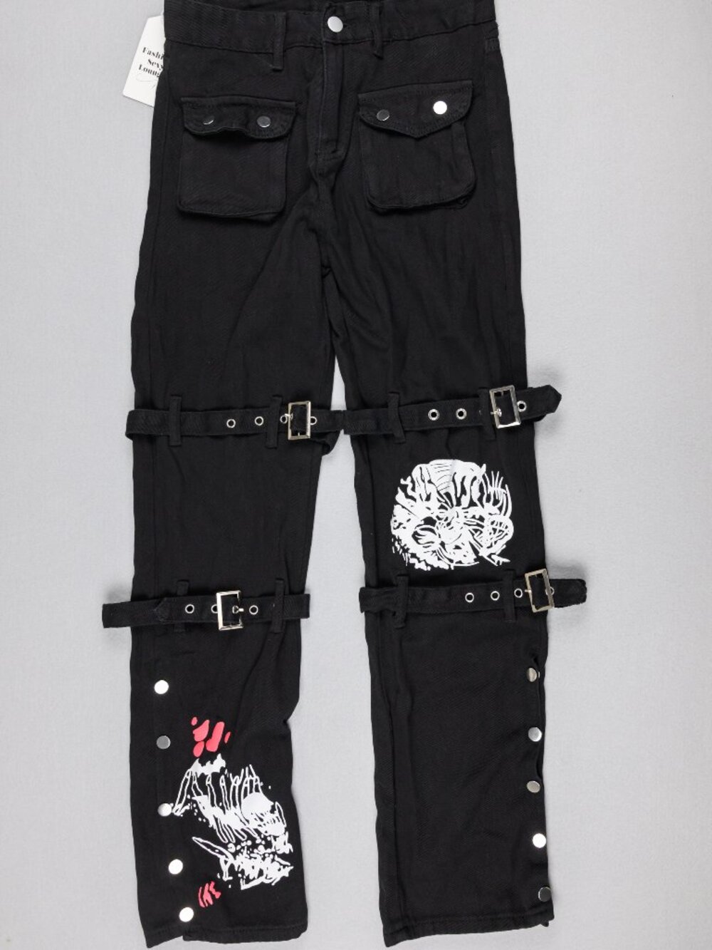 Gothic Buckle Strap Cargo Pants Graphic Snap Leg Black Punk Women's Size M